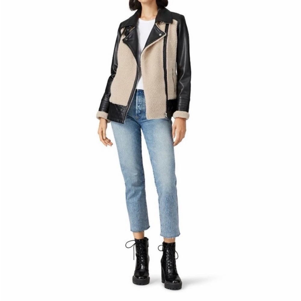 Slate & Willow Womens Large Beige Sherpa Black Genuine Leather Moto Aviator Coat